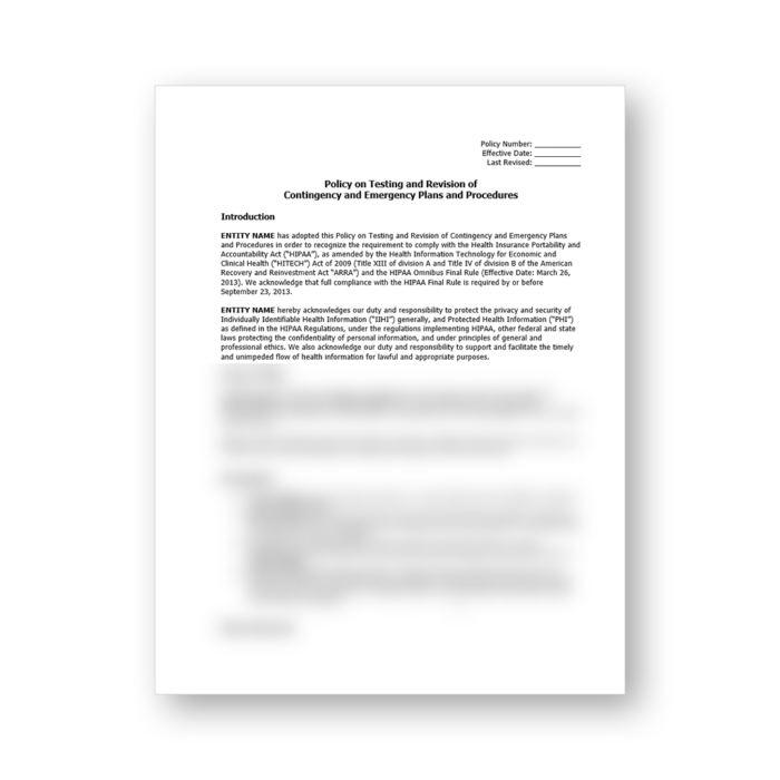 HIPAA Policy on Testing and Revision of Contingency and Emergency Plans and Procedures Template